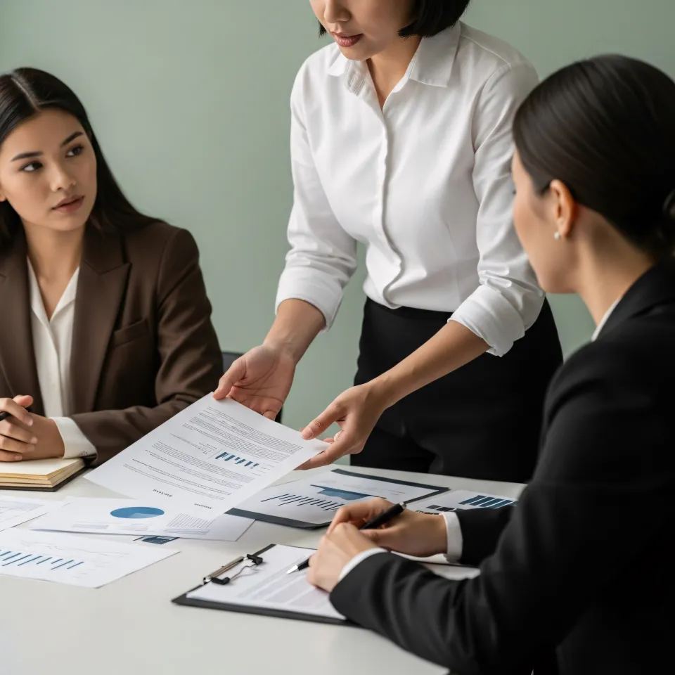 절차 설명하는 한국인 비즈니스팀